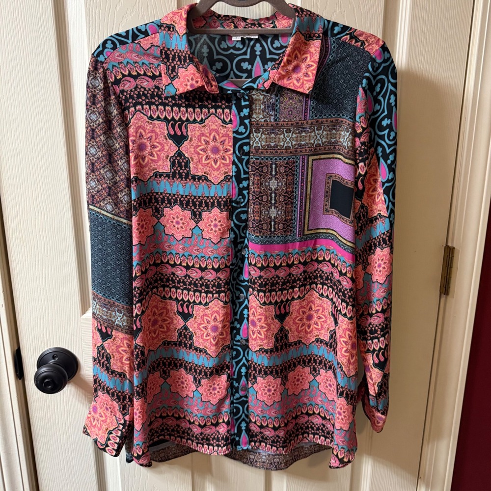 Rose Olive Patchwork Print Button Up Long‎ Sleeve Blouse Top Women L